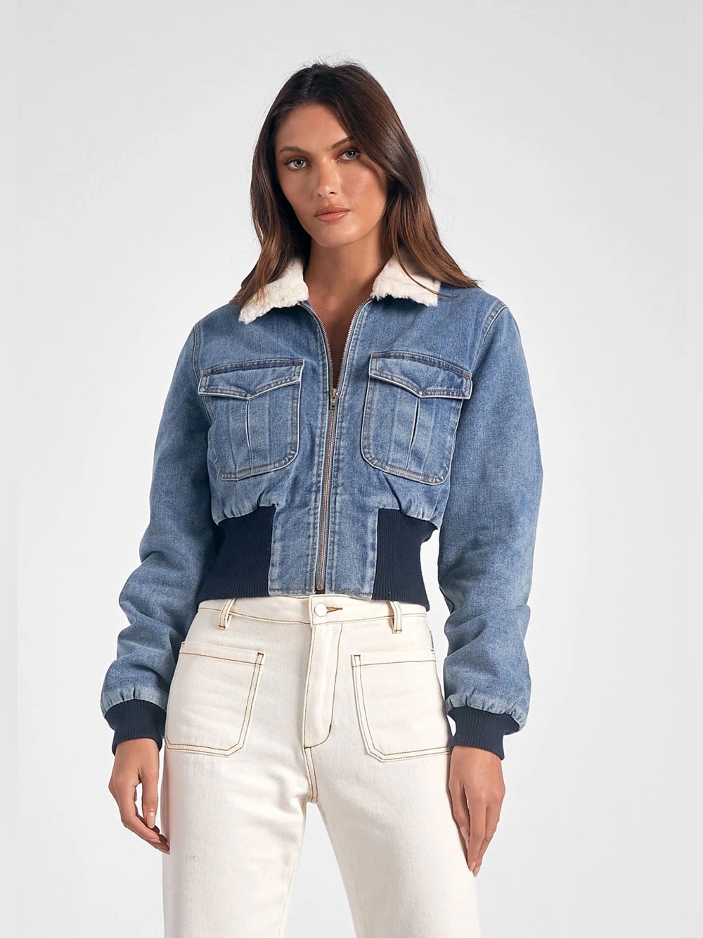 Elan Denim Bomber Jacket with Faux Fur Collar
